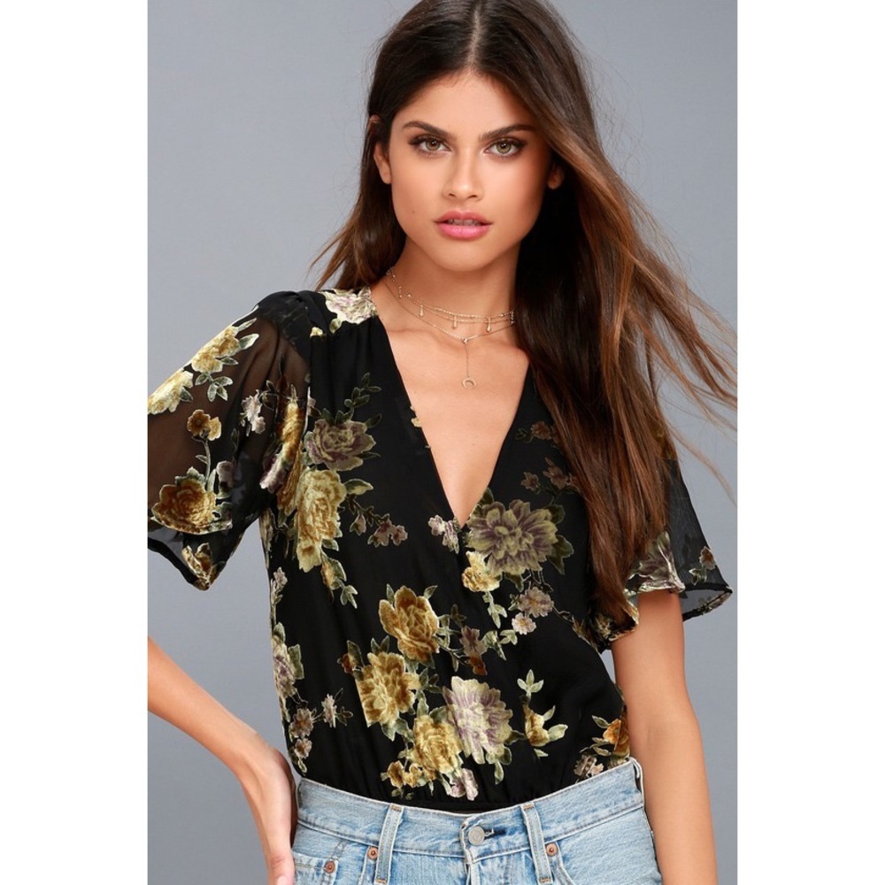 ASTR Black Velvet Floral Print Bodysuit